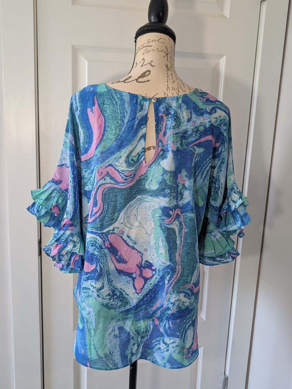 JODIFL Marble Print Ruffle-Sleeve Blouse with Pink & Green Swirls Oversized S - Picture 3 of 8